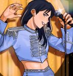  1girl black_hair blue_eyes blue_jacket blue_pants brown_hair chinese_commentary epaulettes glint holding holding_microphone jacket k-pop light_particles looking_at_viewer mai_su_su_yu mamamoo microphone microphone_stand midriff_peek moonbyul_(mamamoo) multicolored_hair pants parted_lips real_life red_lips smile solo streaked_hair 