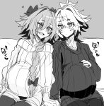  2boys astolfo_(fate) black_bow black_pantyhose black_sweater blush bow braid collarbone couch cowboy_shot fang fate/apocrypha fate_(series) grey_background greyscale hair_between_eyes hair_bow hair_intakes hand_on_own_stomach haoro heart leaning_on_person light_blush long_braid long_hair male_focus male_pregnancy monochrome multiple_boys on_couch otoko_no_ko pantyhose sieg_(fate) single_braid sketch skin_fang smile sweater white_hair white_sweater yaoi 