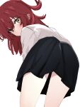  1girl bent_over black_skirt bocchi_the_rock! commentary_request cowboy_shot from_behind green_eyes highres kita_ikuyo leaning_forward long_hair looking_at_viewer looking_back miniskirt red_hair shirt simple_background skirt solo ukitaryu white_background white_shirt 