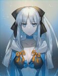  1girl :/ black_bow black_bowtie blue_choker bow bowtie breasts cape choker cleavage fate/grand_order fate_(series) frown grey_eyes grey_hair hair_bow highres long_hair looking_at_viewer medium_breasts morgan_le_fay_(fate) none_(kameko227) solo upper_body white_cape 