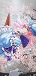  2girls blue_headwear blue_kimono cherry_blossoms floral_print frilled_kimono frilled_sleeves frills gap_(touhou) gloves hand_fan highres holding holding_fan japanese_clothes kimono looking_at_viewer multiple_girls panghulao pink_eyes pink_hair print_kimono saigyouji_yuyuko smile touhou white_gloves yakumo_yukari 