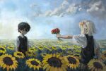  2boys absurdres arms_at_sides basil_(faraway)_(omori) basil_(omori) black_hair black_vest blonde_hair check_spoilers closed_mouth cloud collared_shirt day elainma faux_traditional_media field flower flower_field giving hair_between_eyes hair_flower hair_ornament hashtag_only_commentary highres holding holding_flower looking_at_another male_focus medium_hair multiple_boys omori outdoors outstretched_arm photoshop_(medium) red_flower shirt short_hair short_sleeves sky spoilers standing sunflower sunflower_field sunny_(omori) very_short_hair vest white_shirt yellow_flower 