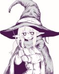  1girl blush cape dithering elf embarrassed hat hat_ribbon highres holding holding_wand jitome long_hair looking_at_viewer monochrome no_nose oka_(okakanoka) original parted_lips pointy_ears ribbon scarf sidelocks simple_background solo wand witch witch_hat 