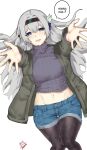  1girl :d absurdres alternate_costume black_hairband black_pantyhose blush commentary denim denim_shorts feet_out_of_frame firefly_(honkai:_star_rail) grey_hair grey_jacket grey_sweater hairband highres honkai:_star_rail honkai_(series) jacket kagurachi long_hair long_sleeves looking_at_viewer lying midriff navel on_back open_clothes open_jacket open_mouth pantyhose pantyhose_under_shorts purple_eyes reaching reaching_towards_viewer ribbed_sweater short_shorts shorts simple_background smile solo speech_bubble sweater thighs turtleneck turtleneck_sweater very_long_hair white_background 