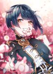  1boy bangs blue_hair blush chinese_clothes dated earrings flower frills genshin_impact happy_birthday highres holding jewelry kokuchuutei long_sleeves male_focus short_hair silk_flower_(genshin_impact) single_earring smile teeth xingqiu_(genshin_impact) yellow_eyes 