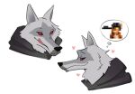 anthro canid canine canis censored censored_face cheek_tuft clothing death_(puss_in_boots) dreamworks facial_markings facial_tuft fur fuzzy grey_body grey_fur half-closed_eyes head_markings headshot_portrait heart_symbol hi_res licking licking_lips looking_at_viewer male male/male mammal markings mask_(marking) multiple_images narrowed_eyes pixelated poncho portrait puss_in_boots_(character) puss_in_boots_(dreamworks) red_eyes simple_background smile solo solo_focus thought_bubble tongue tongue_out tuft wawapras white_background wolf