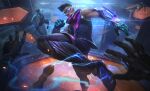  1other 3boys absurdres bare_shoulders black_hair black_pants black_shorts clenched_hand dark-skinned_male dark_skin dreadlocks gauntlets glowing goggles highres league_of_legends lee_sin male_focus multiple_boys official_alternate_costume official_art pants pov second-party_source short_hair shorts solo_focus zenith_games_lee_sin 