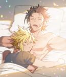  2boys absurdres bed black_hair black_shirt blonde_hair closed_eyes cloud_strife fang final_fantasy final_fantasy_vii hair_between_eyes highres lying lying_on_person male_focus multiple_boys none_(kameko227) on_back open_mouth pillow saliva scar scar_on_cheek scar_on_face shirt sleeping spiked_hair toned toned_male under_covers yaoi zack_fair 