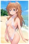  1girl beach blue_eyes blue_sky blurry blurry_background breasts brown_hair closed_mouth cloud commentary_request day hair_between_eyes hair_ribbon highres houjou_hibiki kazuma_muramasa long_hair looking_at_viewer medium_breasts navel ocean outdoors pink_ribbon precure ribbon sky smile solo suite_precure two_side_up white_slingshot_swimsuit 