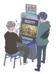 2boys arcade_cabinet black_shirt blue_hair blush closed_eyes dark_blue_hair expressionless facing_another fighting_game full_body grey_hair hanamura_yousuke hands_in_pockets happy headphones hood hoodie jack_frost k.o. looking_at_another male_focus multiple_boys narukami_yuu on_stool open_mouth persona persona_3 persona_4 persona_4:_the_ultimate_in_mayonaka_arena playing_games shirt short_hair simple_background sitting sparkle standing sumino_suito v white_background yuuki_makoto_(persona_3) 
