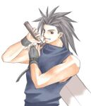  1boy alternate_costume arm_up bad_id black_eyes black_gloves black_hair black_wristband blue_shirt buster_sword final_fantasy final_fantasy_vii fingerless_gloves gloves grin hands_up happy looking_to_the_side lowres male_focus medium_hair muscular muscular_male rendezvous shirt simple_background single_fingerless_glove sleeveless sleeveless_shirt sleeveless_turtleneck smile solo spiked_hair sword sword_on_back turtleneck turtleneck_shirt upper_body weapon weapon_on_back white_background zack_fair 