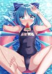  1girl bangs black_one-piece_swimsuit blue_bow blue_eyes blue_hair blush bow cirno doroshii food food_in_mouth foot_out_of_frame from_above furrowed_brow hair_bow hand_up highres ice ice_wings looking_at_viewer name_tag popsicle school_swimsuit short_hair solo spread_legs swimsuit touhou wings 