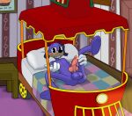 absurd_res anthro bed canid canine clothing fireball_purplenerd food fur furniture gloves handwear hi_res looking_at_viewer male mammal pastry pie purple_body purple_fur solo sonicinmind toontown_corporate_clash toontown_online trolley