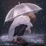  1boy akiyoshi_(tama-pete) black_pants brown_footwear brown_hair crying crying_with_eyes_open full_body highres holding holding_umbrella looking_at_viewer male_focus original pants puddle rain reflective_floor ripples shirt shoes short_hair socks solo squatting tears transparent transparent_umbrella umbrella white_shirt 