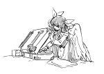  1girl angel_wings belt dizzy_(guilty_gear) dress greyscale guilty_gear guilty_gear_xx hair_between_eyes hair_ribbon hair_rings highres long_hair long_sleeves monochrome ribbon simple_background sketch solo suitcase tosshin twintails very_long_hair white_background wings 