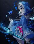  1girl animal_hood blue_eyes blue_hair blue_hoodie blunt_bangs fins fish_tail gawr_gura gawr_gura_(1st_costume) highres holding holding_trident holding_weapon hololive hololive_english hood hood_up hoodie long_hair long_hoodie long_sleeves multicolored_hair shark_girl shark_hood shark_print shark_tail solo somewhatdino streaked_hair tail virtual_youtuber water_drop weapon white_hair 