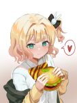  1girl :t absurdres black_bow blonde_hair blush bow bowtie burger closed_mouth collared_shirt dress_shirt eating ento_(user_jjce7387) food gochuumon_wa_usagi_desu_ka? gradient_background green_eyes hair_bow hair_ornament heart highres holding holding_food jacket kirima_syaro long_sleeves looking_at_viewer off_shoulder one_side_up open_clothes open_jacket rabbit_hair_ornament shirt short_hair simple_background solo spoken_heart striped_bow upper_body wavy_hair white_background white_shirt 