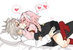  2boys ahoge alternate_hair_length alternate_hairstyle astolfo_(fate) black_bow black_pants black_shorts black_vest blush bow braid closed_eyes couple dress_shirt fate/apocrypha fate_(series) grey_hair hair_between_eyes hair_bow hair_intakes hand_on_another&#039;s_face hand_on_another&#039;s_head haoro head_on_pillow heart kiss kneehighs light_blush long_braid long_hair lying_on_person male_focus multicolored_hair multiple_boys on_bed otoko_no_ko pants pink_hair pink_shirt red_eyes red_socks shirt short_hair short_shorts shorts sieg_(fate) signature simple_background single_braid socks solo spoken_heart streaked_hair sweat thighhighs two-tone_hair vest white_background white_hair white_shirt yaoi 