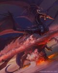  animal_focus artist_name bahamut_(final_fantasy) bayard_wu blue_eyes claws company_name copyright_notice dragon dutch_angle final_fantasy fire from_side glowing glowing_eyes horns lava monster multiple_wings no_humans official_art open_mouth sharp_teeth smoke solo teeth western_dragon wings 