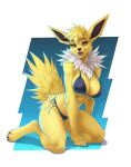 2024 4_toes 5_fingers amber_eyes anthro bikini breasts clothed clothing digital_media_(artwork) eeveelution eyelashes feet female fingers fur generation_1_pokemon hi_res jolteon looking_at_viewer neck_tuft nintendo open_mouth pokemon pokemon_(species) solo swimwear text toes tuft url wyla yellow_body yellow_fur