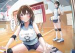  2girls ball blush breasts brown_hair elbow_pads gym_shorts hair_between_eyes hawawa-chan_(shiro_kuma_shake) indoors knee_pads large_breasts multiple_girls open_mouth original purple_eyes shiro_kuma_shake short_hair shorts smile speech_bubble sportswear volleyball volleyball_(object) volleyball_uniform 