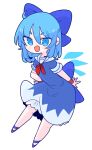  1girl ahoge bangs bare_legs blue_bow blue_dress blue_eyes blue_hair blue_skirt blue_wings bow cirno collared_shirt drawer dress hair_between_eyes hair_bow hand_on_hip highres ice ice_wings legs looking_at_viewer op_na_yarou open_mouth red_ribbon red_wristband ribbon sailor_collar sandals shirt short_hair short_sleeves simple_background skirt smile solo touhou v-shaped_eyebrows white_background wings wristband 