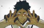  1boy akaashi_keiji black_hair blue_eyes chengongzi123 english_commentary gradient_background grey_background haikyuu!! hands_up highres looking_at_viewer male_focus shirt short_hair short_sleeves simple_background sportswear spread_fingers t-shirt upper_body very_short_hair volleyball_uniform 