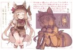  7010 animal_ears bangs blunt_bangs blush boots bow bowtie braid breast_pocket brown_gloves brown_hair brown_headwear brown_shorts brown_vest closed_mouth fang fox_ears fox_tail gloves green_eyes green_panties grey_shirt hat lamp long_hair looking_at_viewer maho_(explorer)_(princess_connect!) maho_(princess_connect!) open_mouth panties panty_peek pocket princess_connect! red_bow red_bowtie shirt shorts sitting skin_fang smile tail translation_request twin_braids underwear vest 