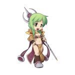  1girl :d bikini bikini_top_only boots breasts brown_bikini brown_capelet brown_footwear brown_gloves brown_skirt capelet chibi cleavage elbow_gloves fingerless_gloves full_body gloves green_eyes green_hair hair_over_shoulder hand_on_own_hip holding holding_staff jewelry loincloth long_hair looking_at_viewer medium_bangs midriff multicolored_footwear official_art open_mouth ragnarok_online sage_(ragnarok_online) showgirl_skirt simple_background skirt small_breasts smile solo staff standing swimsuit tachi-e transparent_background walking yuichirou 