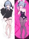  1girl :d animal_ears ass ass_visible_through_thighs black_hoodie black_leotard black_pantyhose black_ribbon blue_eyes blue_hair closed_mouth dakimakura_(medium) drawstring fake_animal_ears fake_tail feet finger_to_mouth fishnet_thighhighs fishnets from_above garter_straps hair_between_eyes hair_intakes hair_ribbon hand_on_own_ass hand_up hatsune_miku highleg highleg_leotard highres hood hood_up hoodie knees_together_feet_apart leotard light_frown long_hair looking_at_viewer lying multicolored_hair multiple_views on_back on_stomach open_mouth pantyhose pink_hair pink_pupils playboy_bunny rabbit_ears rabbit_hole_(vocaloid) rabbit_tail ribbon sexually_suggestive short_twintails smile soles spotlight tail teardrop_facial_mark thigh_gap thighhighs twintails two-tone_hair vocaloid waimoniku 