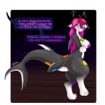 absurd_res anthro beeg_tail black breasts canid canine canis consequence_tf consequences deity female fish galaxy_text grey hair hi_res mammal marine patch_(disambiguation) pink plushie plushification plushified shark shark_girl sharkwolf stuffing tail thick_thighs transformation white wide_hips wolf
