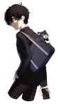  1boy amamiya_ren bag black_cat black_eyes black_hair black_jacket cat cellphone closed_mouth fang hair_between_eyes hand_in_pocket highres holding holding_phone jacket long_sleeves looking_at_viewer male_focus morgana_(persona_5) open_mouth pants persona persona_5 phone plaid plaid_pants school_bag school_uniform shuujin_academy_school_uniform simple_background smartphone uemtp white_background 