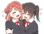  2girls ^_^ black_hair black_jacket blazer blush buttons closed_eyes collared_shirt commentary_request dress_shirt gradient_hair green_hair hair_between_eyes hair_bun hair_ornament hairclip hand_on_another&#039;s_arm heart hug jacket lone_nape_hair long_sleeves love_live! love_live!_nijigasaki_high_school_idol_club medium_hair multicolored_hair multiple_girls neck_ribbon nijigasaki_academy_school_uniform open_mouth pink_hair red_ribbon ribbon school_uniform shirt short_hair sidelocks simple_background single_side_bun smile sweater_vest swept_bangs takasaki_yu twintails two-tone_hair uehara_ayumu white_background white_shirt winter_uniform yoon_(yoon_lovelive) yuri 