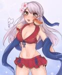 1girl :d bare_shoulders bikini bikini_skirt blush breasts brown_eyes cleavage commentary cowboy_shot fire_emblem fire_emblem:_radiant_dawn flower grey_hair hair_flower hair_ornament highres large_breasts long_hair looking_at_viewer micaiah_(fire_emblem) navel open_mouth pink_flower purrlucii red_bikini red_skirt shawl skirt smile standing stomach swimsuit thighs very_long_hair yune_(fire_emblem) 