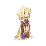  1girl blonde_hair book boots breasts brown_cape cape chibi cleavage closed_mouth dress full_body fur-trimmed_boots fur-trimmed_cape fur_trim grimoire hand_on_own_hip index_finger_raised long_hair looking_at_viewer magic medium_breasts official_art purple_dress purple_eyes purple_footwear ragnarok_online short_dress simple_background smile solo standing tachi-e transparent_background wizard_(ragnarok_online) yuichirou 