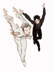  2boys akaashi_keiji arms_behind_back arms_up ascot black_eyes black_hair black_pants black_vest bokuto_koutarou brown_ascot chengongzi123 commentary epaulettes frilled_sleeves frills full_body grey_hair grey_jacket grey_pants haikyuu!! highres ice_skates ice_skating jacket long_sleeves looking_at_another male_focus multicolored_hair multiple_boys open_mouth outstretched_arms pants puffy_long_sleeves puffy_sleeves short_hair simple_background skates skating standing streaked_hair symbol-only_commentary thick_eyebrows very_short_hair vest white_background yellow_eyes 
