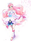  1girl absurdres ascot boots bow braid brooch commentary crossed_knees cure_prism dress earrings elbow_gloves fujisaki_star full_body gloves green_eyes hair_bow hands_on_own_chest highres hirogaru_sky!_precure jewelry knee_boots layered_dress long_hair looking_at_viewer magical_girl medium_dress nijigaoka_mashiro open_mouth pink_hair precure side_braids single_earring sleeveless sleeveless_dress smile solo standing very_long_hair white_ascot white_background white_bow white_dress white_footwear white_gloves wing_brooch wing_hair_ornament 