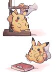  1other :3 ajimisora1 black_eyes closed_mouth colored_skin commentary fat_pikachu_(meme) highres holding holding_pokemon measuring meme pikachu pokemon pokemon_(creature) simple_background smile sparkle tail weighing_scale white_background yellow_skin 