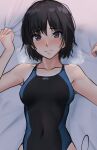  1girl amagami armpits bare_shoulders black_hair black_one-piece_swimsuit blue_one-piece_swimsuit blush breasts breath brown_eyes closed_mouth collarbone commentary competition_school_swimsuit competition_swimsuit covered_navel highleg highleg_swimsuit looking_at_viewer loose_hair_strand lying medium_breasts messy_hair nanasaki_ai nose_blush on_back on_bed one-piece_swimsuit school_swimsuit sheet_grab short_hair smile solo swimsuit two-tone_swimsuit upper_body w_arms yoo_tenchi 