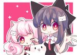  2girls ahoge animal_ears bad_bcy_id bad_id bare_arms bare_shoulders black_bow black_eyes black_vest blush_stickers border bow bowtie brown_hair buttons cat cat_ears cat_hair_ornament chu_li closed_mouth collared_shirt eyelashes hair_bow hair_ornament hand_up long_hair looking_at_viewer low_twintails multiple_girls necktie one_eye_closed open_mouth original outside_border pink_background pink_bow pink_bowtie pink_hair pink_necktie red_eyes rubbing_eyes shirt simple_background sleeveless sleeveless_shirt smile solid_oval_eyes sparkle straight_hair twintails upper_body vest waving white_border white_shirt 