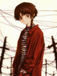  1girl adjusting_clothes arms_at_sides black_shirt breasts brown_eyes brown_hair closed_mouth coat commentary dot_mouth english_commentary expressionless from_side hair_ornament highres iwakura_lain long_coat looking_at_viewer looking_to_the_side open_clothes open_coat outdoors power_lines ranm12s red_coat red_skirt serial_experiments_lain shirt short_hair single_sidelock skirt sky small_breasts solo striped_clothes striped_shirt turtleneck upper_body utility_pole very_short_hair white_shirt white_sky x_hair_ornament 
