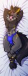 anthro bed bed_sheet bedding bulge candid canid canine canis clothing domestic_dog feral fluffy foxinuhhbox furniture hi_res jockstrap male mammal mythological_canine mythological_creature mythology pillow solo underwear were werecanid werecanine werewolf wolf