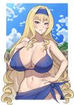  1girl absurdres band-width bikini blonde_hair blue_eyes blue_headband blue_sarong blue_sky breasts cecilia_alcott cleavage cloud collarbone commission covered_nipples hair_intakes hand_on_own_hip headband highres infinite_stratos large_breasts linea_alba long_hair navel sarong sky smile solo stomach swimsuit 
