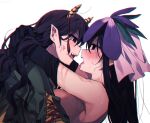  2girls anger_vein black_hair blush breasts flower flower_on_head green_shirt horns large_breasts long_hair multiple_girls nippaku_zanmu open_mouth pointy_ears purple_eyes purple_flower re_ghotion red_eyes shirt simple_background sweat touhou white_background yellow_horns yomotsu_hisami yuri 