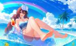 95--- absurdres bare_arms bare_legs bare_shoulders barefoot beach blue_eyes brown_hair character_request day epic_seven feet hat highres ocean open_mouth palm_tree red_eyes sand sky soles swimsuit tree twintails water 