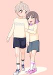  1boy 1girl :d absurdres aged_down ahoge arm_hug bare_legs black_hair black_shorts brother_and_sister brown_eyes child clothes_writing commentary full_body grey_hair grey_skirt happyundergate highres light_blush long_sleeves looking_at_another multicolored_hair onii-chan_wa_oshimai! open_mouth oyama_mahiro oyama_mahiro_(male) oyama_mihari pink_background pink_footwear pink_hair purple_hair shirt shoes short_hair shorts siblings simple_background skirt smile socks two-tone_hair white_footwear white_socks yellow_shirt 