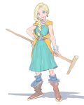  1girl aqua_dress belt bianca_(dq5) blonde_hair blue_eyes boots bracelet braid braided_ponytail brown_footwear cape choker commentary_request dragon_quest dragon_quest_v dress earrings full_body hair_over_shoulder hand_on_own_hip holding jewelry long_hair looking_at_viewer orange_cape parted_lips pomodorosa simple_background single_braid smile solo sphere_earrings standing white_background 