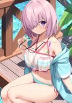  1girl absurdres bikini blue_jacket breasts closed_mouth collarbone commentary dot_nose fate/grand_order fate_(series) glasses hair_over_one_eye hand_up highres holding holding_eyewear hood hooded_jacket jacket large_breasts looking_at_viewer mash_kyrielight mash_kyrielight_(swimsuit_of_perpetual_summer_ver.02) multicolored_bikini multicolored_clothes navel off_shoulder pink_hair purple_eyes short_hair side-tie_bikini_bottom sitting smile solo stomach striped striped_bikini suiroh_(shideoukami) swimsuit thighs 