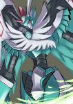  bird cowboy_shot digimon digimon_(creature) feathered_wings highres horns knight looking_down pink_eyes ryo@ simple_background single_horn solo wind wings zephagamon 