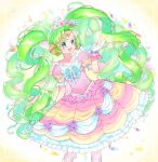  1girl :d colored_eyelashes commentary_request cowboy_shot dress falulu falulu_(awakened) forehead_jewel frilled_dress frills gloves green_eyes green_hair hand_up headphones highres idol_clothes jinno_(jin_c_kkry) long_hair looking_to_the_side open_mouth parted_bangs petals pink_dress pretty_series pripara puffy_short_sleeves puffy_sleeves short_sleeves sidelocks smile solo standing twintails very_long_hair white_gloves 